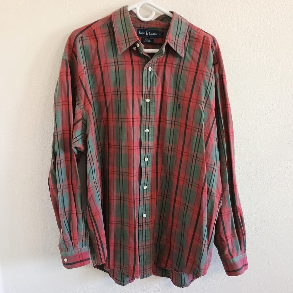 Vtg Ralph Lauren Blake Cotton Shirt Button Down Long Sleeve Green Red Plaid XL